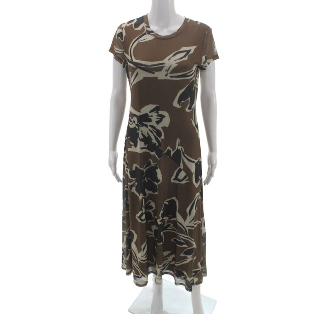 Rachel Zoe Women Maxi Floral Short Sleeve Crew Neck Dress Brown Size M